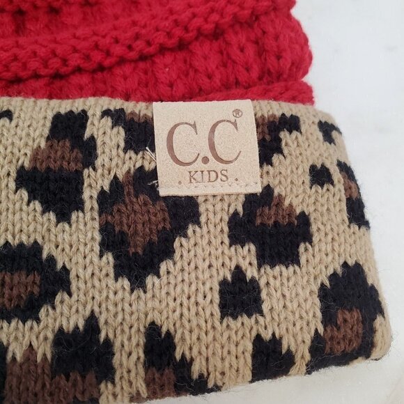 C.C Kids‎ Girl Beanie Leopard Animal Red tan Cableknit hat soft cozy - Picture 3 of 6